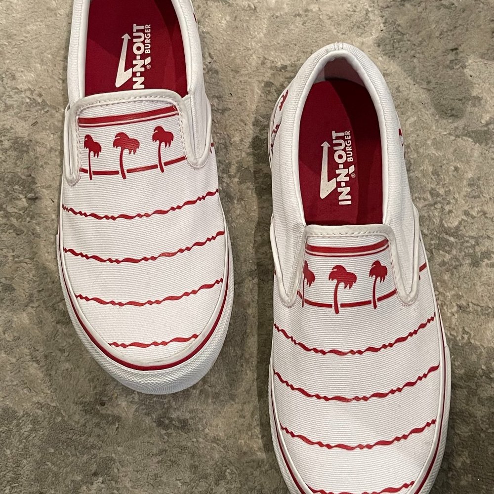 In-N-Out Burger Drink Cup Shoes Slip Ons size Men US 9 White Red tree 8 UK 42 EU